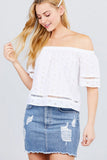 Elbow Sleeve Off The Shoulder Lace Trim Eyelet Detail Woven Top