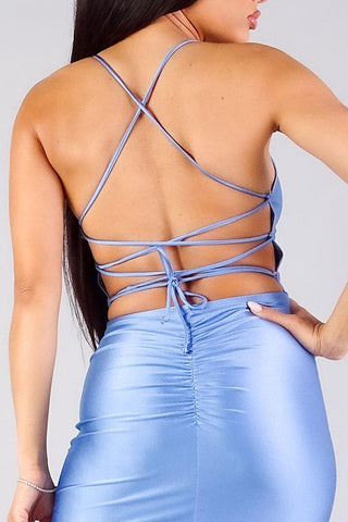 Spaghetti Strap Lace Up Back Ruched Mini Dress