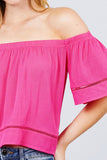 Elbow Sleeve Off The Shoulder Lace Trim Woven Top