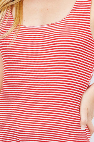 Sleeveless Double Scoop Neck Stripe 2 Ply Rib Knit Top