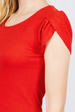 Short Tulip Puff Sleeve Round Neck Rib Knit Top