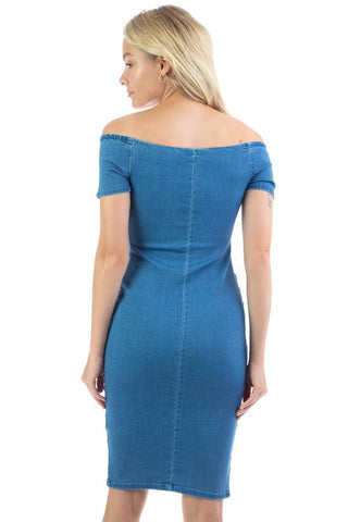 Off Shoulder Zip-front Denim Dress