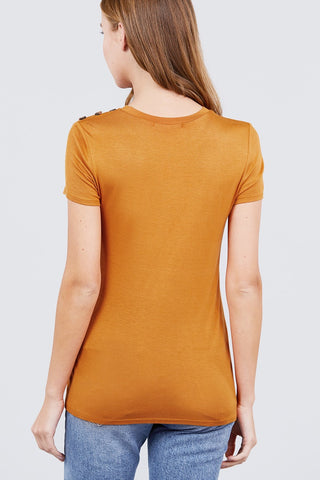 Short Sleeve Crew Neck W/shoulder Button Detail Rayon Spandex Top