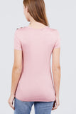 Short Sleeve Crew Neck W/shoulder Button Detail Rayon Spandex Top