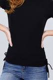 Short Sleeve Mock Neck Side Shirring Detail Rib Knit Top