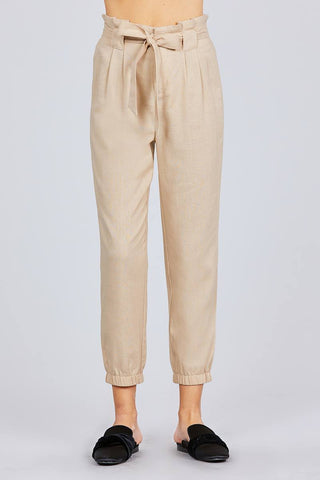 Paperbag W/bow Tie Elastic Hem Long Linen Pants