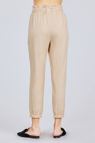 Paperbag W/bow Tie Elastic Hem Long Linen Pants