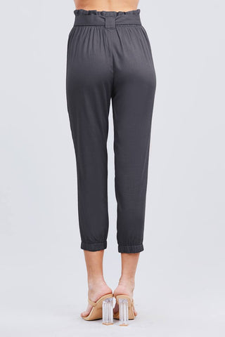 Paperbag W/bow Tie Elastic Hem Long Linen Pants