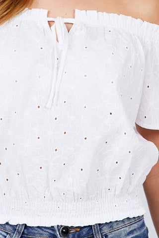 Short Sleeve Off The Shoulder Front Tie Detail Smocked Hem Eyelet Lace Woven Top