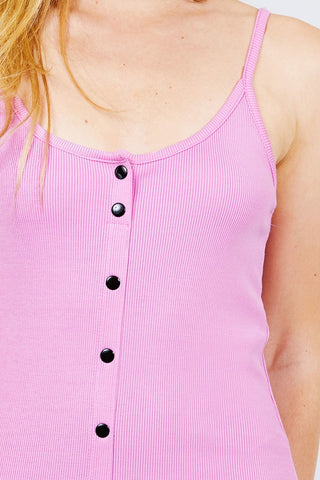 Front Snap Button Detail Strap Rib Cami Mini Dress