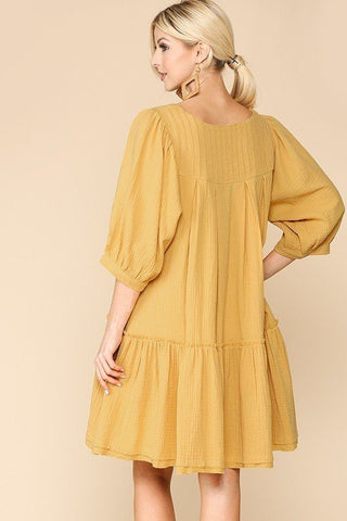 3/4 Sleeve Pocket Ruffle Pintuck Swing Dress