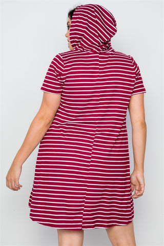 Plus Size Burgundy Stripe Short Sleeve Hooded Shirt Mini Dress
