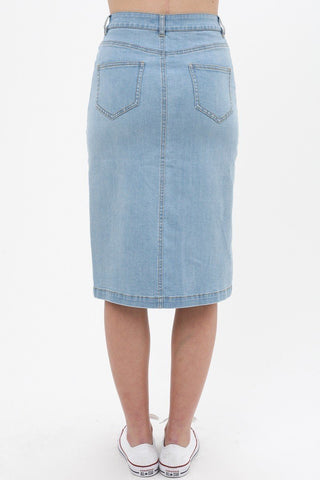 Denim Mid Thigh Length Skirt With Button Down Front Detail
