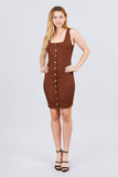 Sleeveless Deep Square Neck Button Down Detail Mini Woven Dress