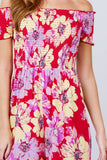 Short Sleeve Off The Shoulder Smocked Detail With Floral Print Long Wide Leg Jumpsuit.