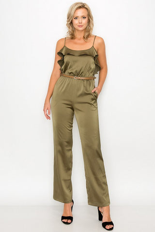 Ruffle Trim Belted Jumpsuit