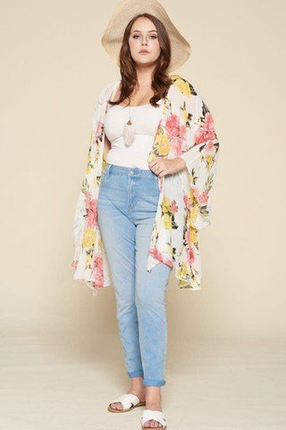 Plus Size Floral Printed Oversize Flowy And Airy Kimono With Dramatic Bell Sleeves
