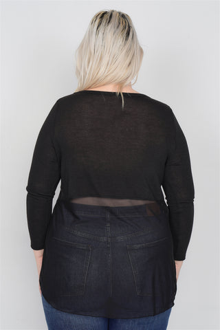 Plus Size "punk" Graphic Print Long Sleeves Sheer Back Hi-lo Top