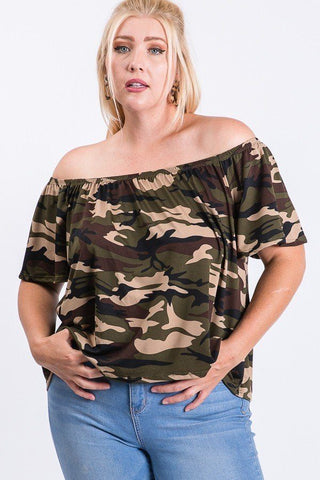 Camo Print Cool Off Shoulder Top