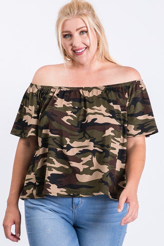 Camo Print Cool Off Shoulder Top