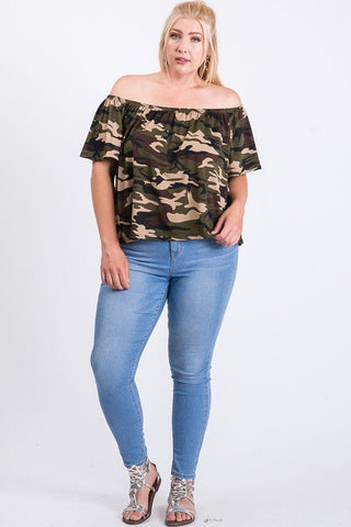 Camo Print Cool Off Shoulder Top