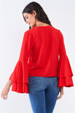 V-neck Long Bluebell Slit Draw String Tie Double Frill Sleeve Top