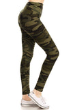 Long Yoga Style Banded Lined Olive Camo Print, Full Length Leggings In A Slim Fitting Style With A Banded High Waist.