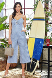 Adjustable Shoulder Strap Side Pocket Back Zipper Front Tie Stripe Print Jumpsuit