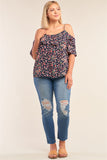 Plus Size Floral Print Relaxed Fit Mini Sleeve Off-the-shoulder Flared Hem Top