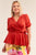 Plus Size Pink V-neck Mini Puff Sleeve Pleated Wrap Self-tie Waist Flared Hem Top