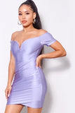 Off Shoulder V Front Gathered Bodycon Mini Dress