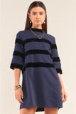 Navy Contrast Velvet Round Neck Open Back Self-tie Keyhole 3/4 Sleeve Mini Dress