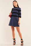 Navy Contrast Velvet Round Neck Open Back Self-tie Keyhole 3/4 Sleeve Mini Dress