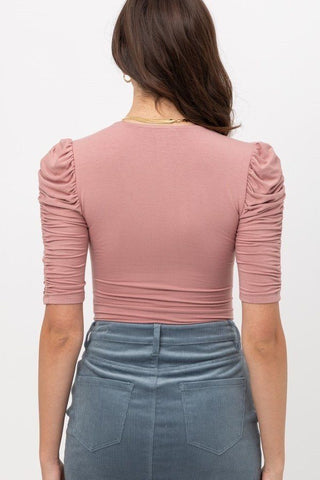 Sheered 3/4 Sleeve, V Neck Rayon Jersey Body Suit