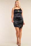Plus Size Satin Asymmetrical Sleeveless Fitted Side Slit Detail Cocktail Mini Dress