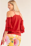 Plus Size Red Sleeveless Off-the-shoulder Layered Angel Sleeve Self-tie Hem Top