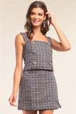 Multicolor Sleeveless Plaid Square Neck Buttoned Trim Cropped Top