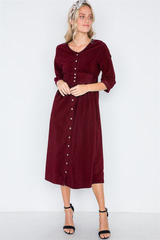 Corduroy 3/4 Sleeve Button Down Midi Dress