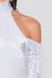 White Velvet Halter Crushed Cold Shoulder Turtleneck Long Sleeve Back Slit Midi Dress