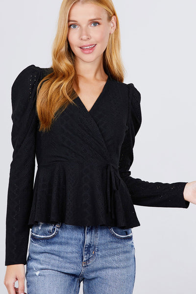 Surplice W/ribbon Tie Peplum Top