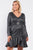 Plus Long Sleeve V-neck Asymmetrical Wrap Flare Hem Belt Detail Oval Rhinestone Buckle Mini Dress