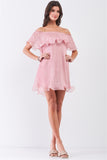 Pink Pleated Off-the-shoulder Double Layered Frill Trim Mini Dress
