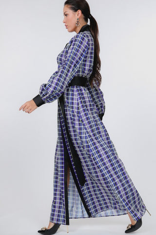 Plaid Shirt Maxi Dress With Gold Buckle Belt