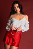 Ariana White Relaxed Fit V-neck Off-the-shoulder Long Sleeve Ruffle Hem Razor Back Top