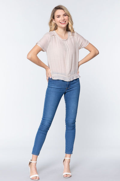 Short Shirring Slv Pleated Woven Top