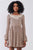 Taupe Horizontal Stripped Embroidery Detail Long Sleeve With Flare Hem Mini Dress