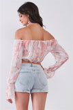 Leaf Print Off-the-shoulder Long Flounce Sleeve Self-tie Front Cropped Top