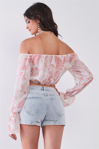 Leaf Print Off-the-shoulder Long Flounce Sleeve Self-tie Front Cropped Top