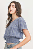 Woven Printed Crinkle Gauze Waist Smocking Short Sleeve Top