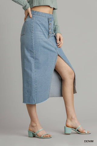 Asymmetrical Waist And Button Up Front Split Denim Skirt With Back Pockets And Unfinished Hem